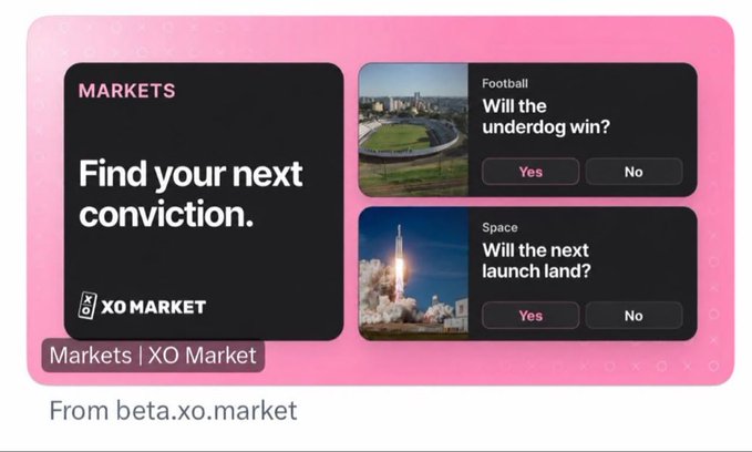 A pink promotional screenshot for "XO MARKET" displays prediction markets for "Will the underdog win?" (Football) and "Will the next launch land?" (Space) from beta.xo.market.