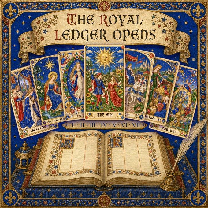 An ornate medieval-style illustration titled 'The Royal Ledger Opens' featuring tarot cards (The Crown, The Star, The World, The Sun, The Rider, Fortune) fanned above an open ledger book, all set against a blue background decorated with fleur-de-lis and crowned with royal banners.