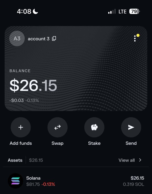 A screenshot of a crypto wallet showing a $26.15 balance (0.319 SOL) in "account 3," likely posted as proof of funds to enter a $20 Solana giveaway retweet contest.