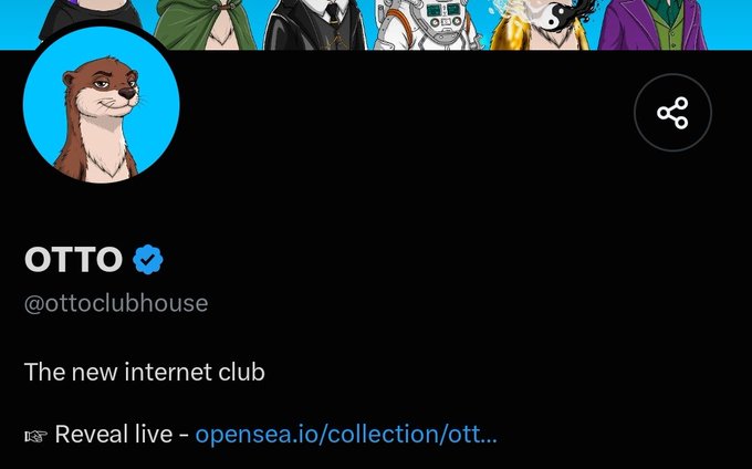 A Twitter/X profile page for OTTO (@ottoclubhouse) featuring an otter avatar, verified badge, and tagline 'The new internet club' with a link to opensea.io.