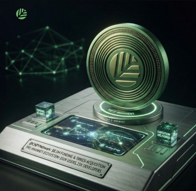 A crypto promotional graphic showing a glowing coin on a pedestal with text mentioning @CNPYNetwork, $8.5M funding, TanSSi acquisition, pre-mainnet ecosystem, 350K users, and 25K developers.