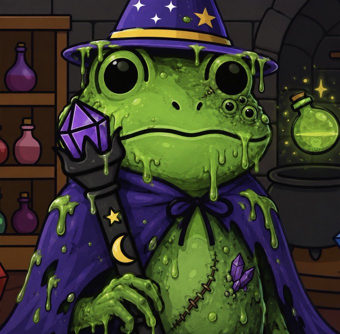 A cartoon illustration of a green frog-like wizard wearing a purple star-patterned hat and cloak, holding a staff with a purple crystal, set in a potions room.