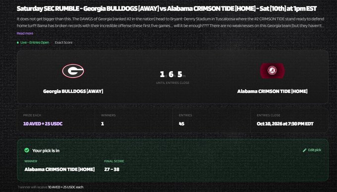 A 'SEC RUMBLE' sports contest page for a Georgia vs Alabama football game on October 10, 2026, showing final score Alabama 27-38 (Georgia), with the user's pick of Alabama [HOME] marked as the winner.