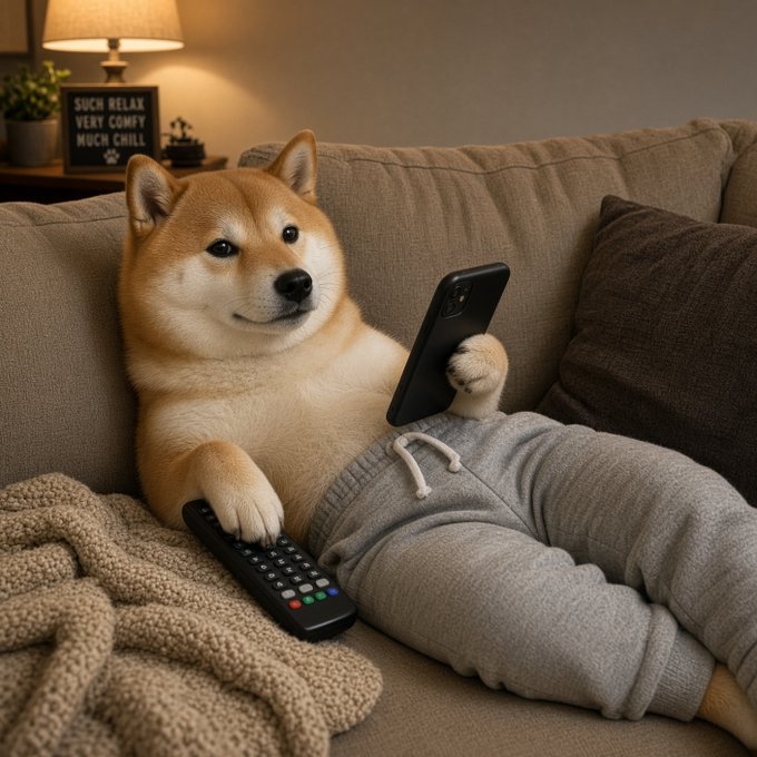 A Shiba Inu relaxes on a couch in sweatpants, casually holding a phone in one paw and a remote in the other, channeling peak $DOGE-level human energy. A nearby sign reads "SUCH RELAX VERY COMFY MUCH CHILL," perfectly matching the meme's lazy "peak performance $DOGE people" vibe.