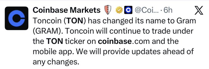 "coinbase markets tonon coin will change its name to gram tonon will continue to trade under the tonic ticker on coinbase com."