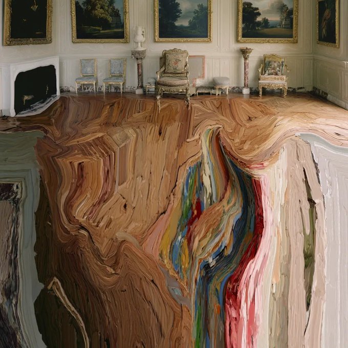 A classical interior room featuring antique furniture, framed landscape paintings, and a fireplace, where the wooden floor appears to be melting into a surreal, swirling abyss of colorful liquid.