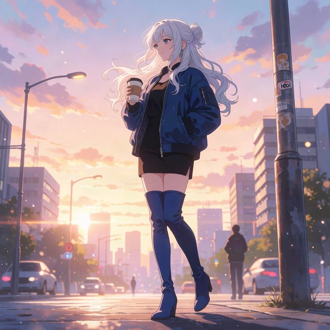 An anime-style illustration of a silver-haired woman in a blue bomber jacket and thigh-high boots holding a coffee cup on a city street at sunset.