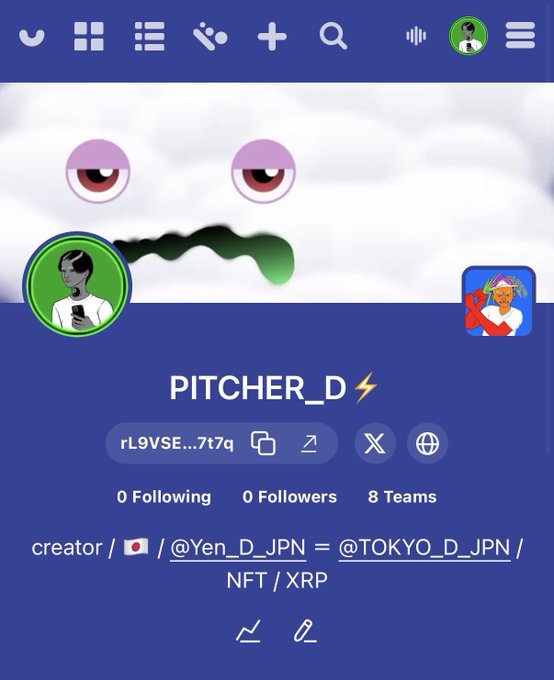 A social media profile page for 'PITCHER_⚡' showing a cloud with angry cartoon eyes, with bio text 'creator / 🇯🇵 / @Yen_D_JPN = @TOKYO_D_JPN / NFT / XRP' and 0 following, 0 followers, 8 teams.