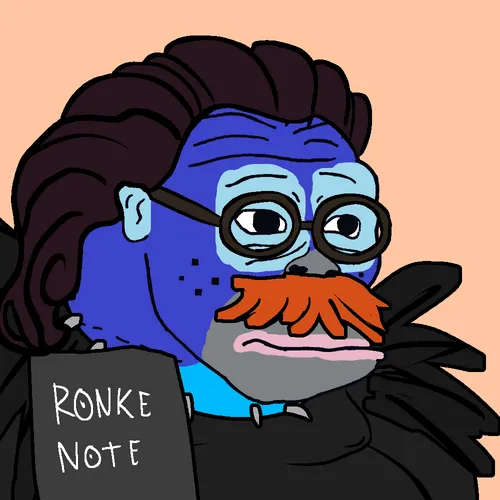 A cartoon illustration features a blue-skinned gorilla character with dark hair, round glasses, and an orange mustache, holding a sign reading "RONKE NOTE" against a peach background. The character likely represents a community member celebrating their top-20 achievement in the Ronke vote Season 2 and the utility benefits of owning Ronke assets for voting power.