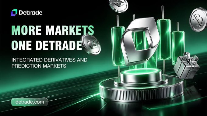 A promotional banner for "Detrade" with the slogan "MORE MARKETS ONE DETRADE" advertising integrated derivatives and prediction markets, featuring a 3D metallic "D" logo and cryptocurrency coins.