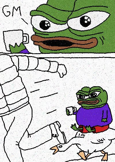 A crude comic strip featuring a Pepe-style frog character saying 'GM' while holding a coffee mug, and a follow-up panel showing the frog appearing sad at a funeral while a mummy attends the deceased bird.