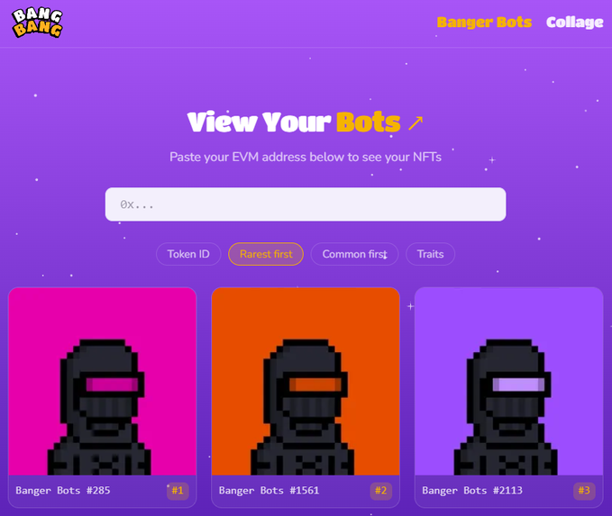 Screenshot of the 'View Your Bots' page on BANG BANG, showing pixel-art character NFTs (Banger Bots #285, #1561, #2113) in an EVM address search interface.