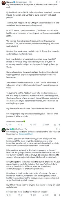 A screenshot of a long Twitter/X thread by user "Mason (@maboroshi)" discussing his departure as Head of Ecosystem at Abstract, mentioning dates like October 2024 and October 2025, with engagement metrics visible at the bottom.