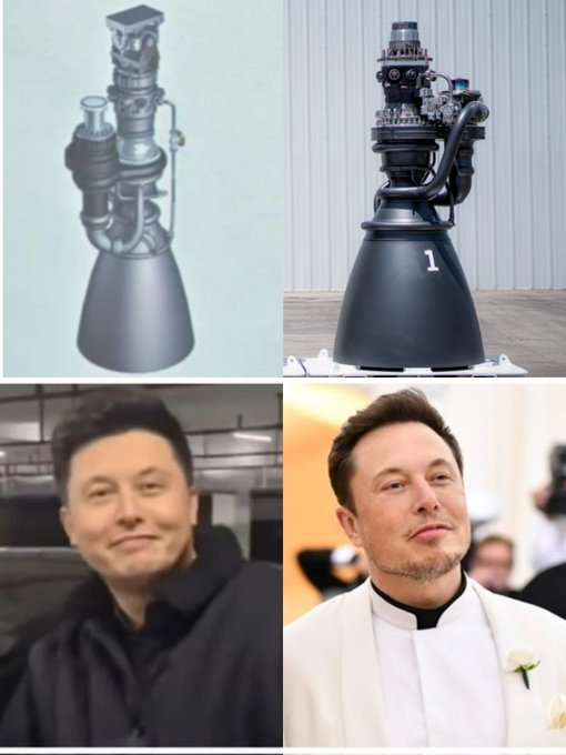A meme comparing a SpaceX rocket engine diagram to a photo of the actual engine, paired with photos of Elon Musk (referred to as the '1' engine) to suggest they look similar.
