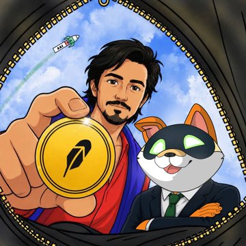 Digital illustration showing a man holding a gold coin with a leaf logo, alongside a cat character in a suit, framed in a circular border.