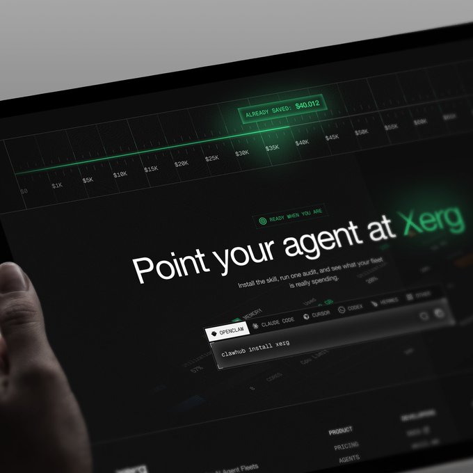 A dark-themed tech product page titled 'Point your agent at Xerg' showing a savings chart with 'ALREADY SAVED: $40,012' and a terminal command 'clawhub install xerg'.