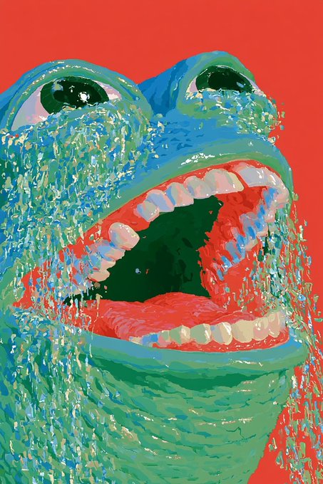 A vibrant pop-art style digital illustration of a teal/green creature or face with an exaggerated open mouth showing teeth and tongue, surrounded by splashing water-like textures against a bright red background.