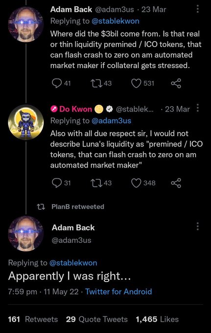 The image shows a Twitter post with three different posts displayed vertically, each containing text written by a different person. The first post is from Adam Back, the second post is from Adam3us, and the third post is from Do Kwon. These posts are related to the topic of cryptocurrency, specifically Bitcoin. The text in the posts includes mentions of Bitcoin, such as "Do Kwon", "Adam3us", and "@adam3us".