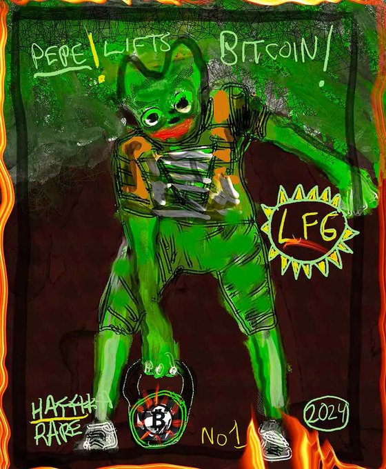 A crudely drawn illustration depicts a green figure resembling Pepe lifting a kettlebell shaped like a Bitcoin token, with text reading 'PEPE LIFTS BITCOIN!', 'LFG', 'HATTAK RARE', 'No 1', and '2024'.