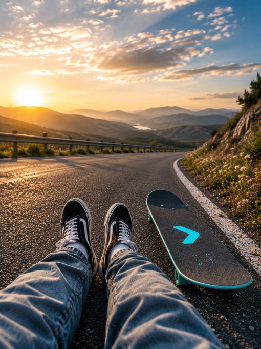 A person wearing sneakers and jeans relaxes on a winding mountain road at sunset, with their skateboard featuring a blue arrow design resting beside them, capturing a carefree weekend vibe perfect for the South Asia community. The breathtaking landscape and laid-back skater perspective embody the adventurous spirit of a weekend escape.