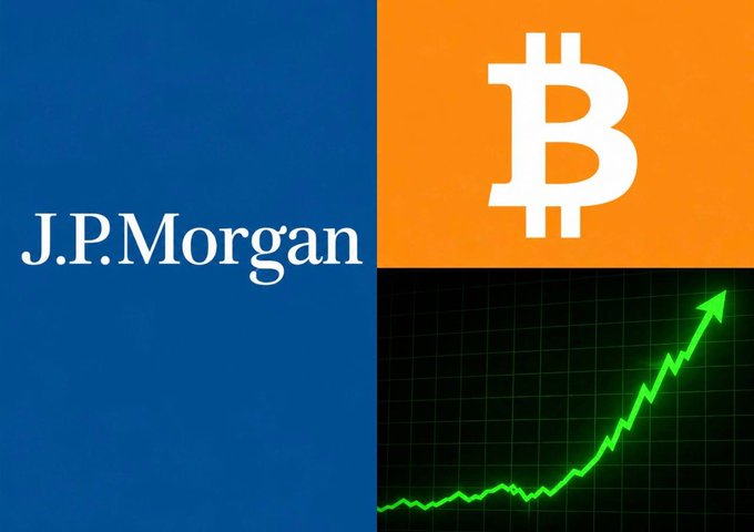 The image features the J.P. Morgan logo alongside the Bitcoin symbol and an upward-trending green chart, visually reinforcing the post's message that J.P. Morgan, despite past skepticism, now projects Bitcoin ($BTC) to outperform with average annual returns of 10-16.5%.