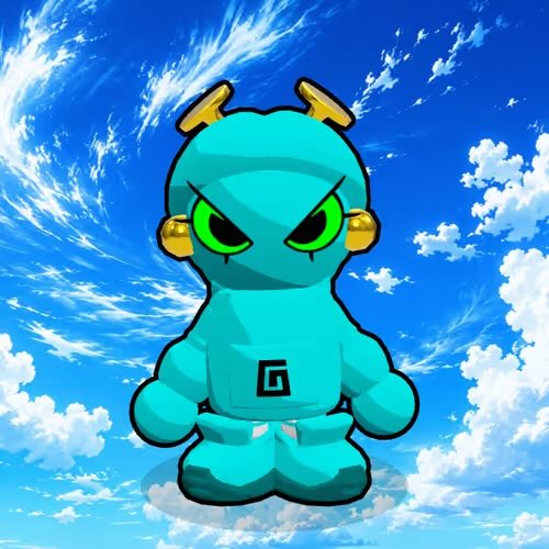 A teal cartoon mascot character with green eyes, golden headgear, and a 'G' logo on its chest stands against a cloudy blue sky background.