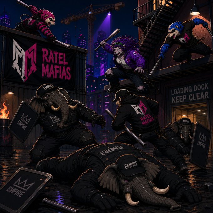 A vibrant animated illustration depicts anthropomorphic rat characters wearing "Ratel Mafias" branded apparel engaging in a brawl with elephant-headed figures labeled "Empire" at a nighttime loading dock. The image ties into the post by visually representing the fictional "Ratel Mafias" group mentioned, whose 500-follower milestone is being celebrated with the WL giveaway.