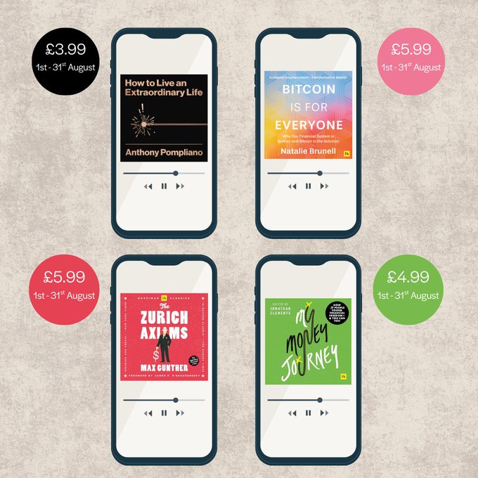 A promotional graphic showing four audiobooks on smartphone mockups: 'How to Live an Extraordinary Life' by Anthony Pompliano, 'Bitcoin is for Everyone' by Natalie Brunell, 'The Zurich Axioms' by Max Gunther, and 'My Money Journey' with prices in pounds.