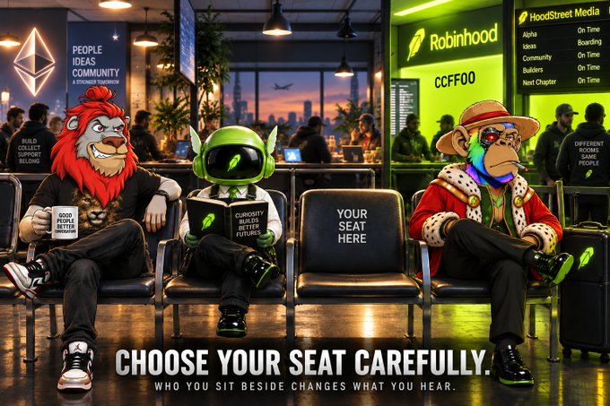 A promotional image with the text 'CHOOSE YOUR SEAT CAREFULLY. WHO YOU SIT BESIDE CHANGES WHAT YOU HEAR,' featuring three anthropomorphic characters including a lion and a green robot seated in an airport-style waiting area with signage for 'Robinhood' and 'Ethereum'.
