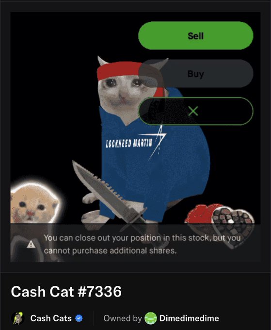 A screenshot from a digital collectible marketplace showing 'Cash Cat #7336' from the 'Cash Cats' collection, owned by 'Dimedimedime', featuring a cat in a red headband and blue 'LOCKHEED MARTIN' shirt holding a knife, with 'Sell' and 'Buy' buttons visible.
