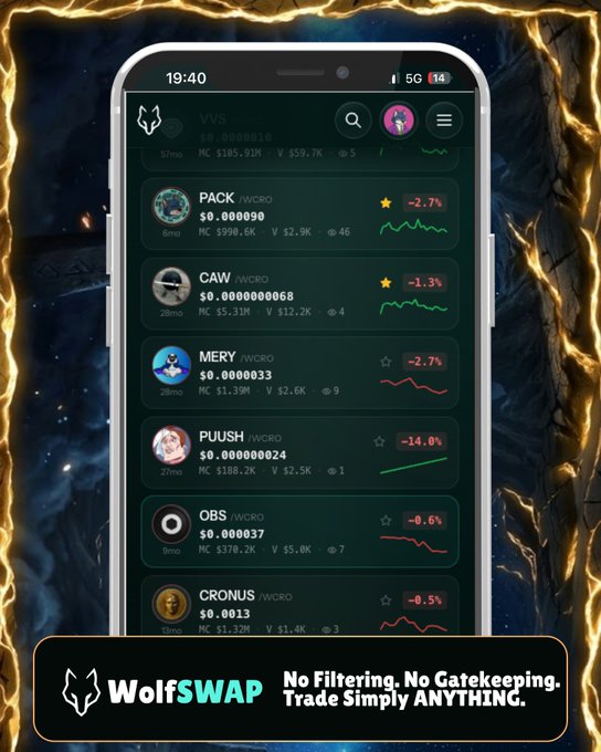 A promotional image for WolfSWAP showing a cryptocurrency trading app interface on a phone with the tagline 'No Filtering. No Gatekeeping. Trade Simply ANYTHING.'