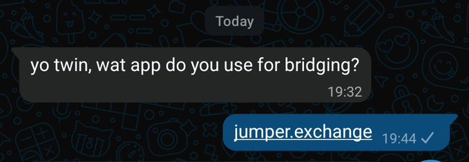 A text message exchange where one person asks 'yo twin, wat app do you use for bridging?' and receives the reply 'jumper.exchange'.