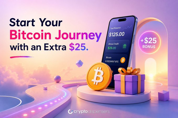 An advertisement graphic with the text 'Start Your Bitcoin Journey with an Extra $25,' showing a smartphone displaying a crypto wallet balance alongside a Bitcoin coin and gift box.