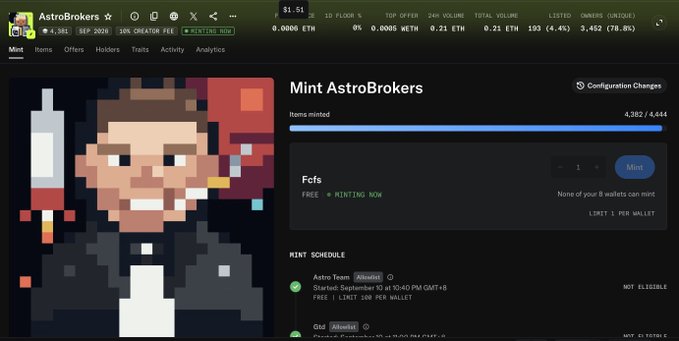A screenshot of the AstroBrokers NFT minting page showing a pixelated character holding a rocket, with 4,382 of 4,444 items minted and a $1.51 floor price, corresponding to the user's post about minting a free NFT with a ~$1.50 floor.