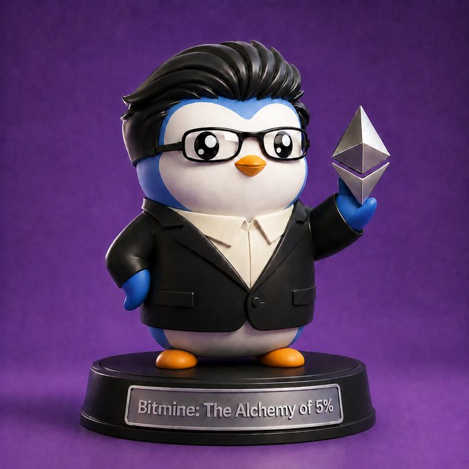 A 3D-rendered collectible figurine of a penguin in a black suit and glasses holding an Ethereum crystal, displayed on a base labeled 'Bitmine: The Alchemy of 5%' against a purple background.