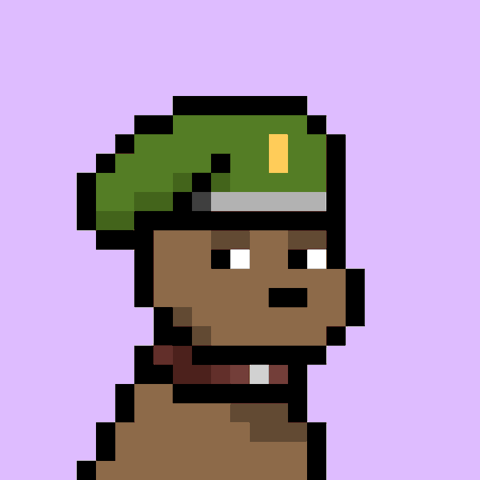A pixel art illustration of a brown-skinned character with white eyes wearing a green visor or hat, set against a light purple background.