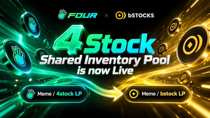 A promotional graphic announces "FOUR x bSTOCKS: 4 Stock - Shared Inventory Pool is now Live," showing an arrow from "Meme / 4stock LP" to "Meme / bstock LP."