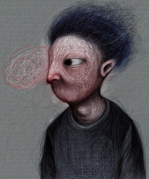A sketch-style illustration of a pale, gaunt figure with dark hair, an asymmetrical eye, and scribbled red lines emanating from their mouth, wearing a black shirt.