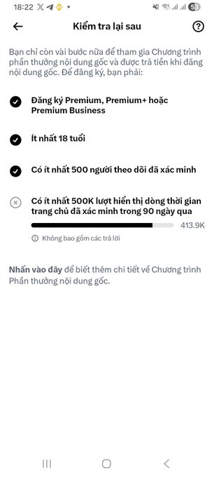 A Vietnamese-language mobile app screen titled 'Kiểm tra lại sau' (Re-check later) listing verification requirements for a creator monetization program, including Premium subscription, 18+ age, 500 followers, and 500K story views in 90 days.