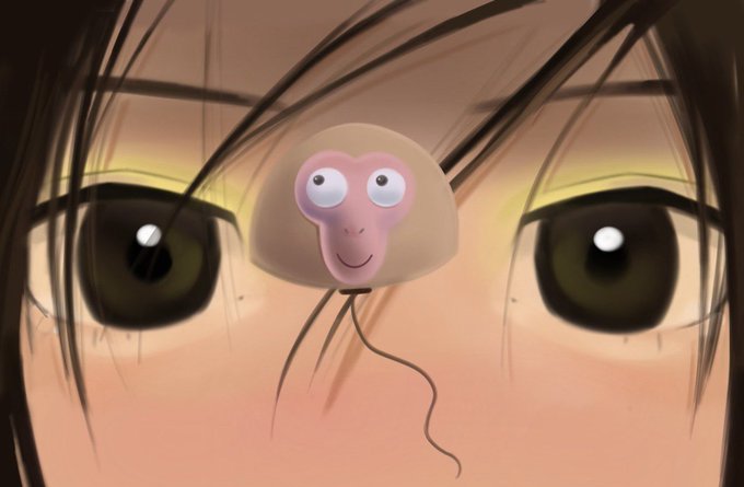 A close-up anime-style illustration shows a character with large green eyes and a small pink, cartoonish creature perched on their forehead.