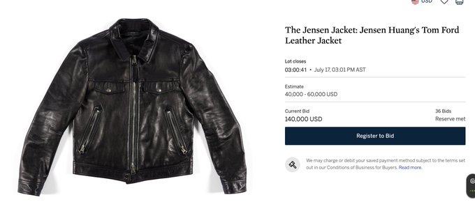 Tom Ford leather jacket worn by Jensen Huang, listed as "The Jensen Jacket" on an auction site with a current bid of $140,000 USD, alongside a note that it ultimately sold for $960k.