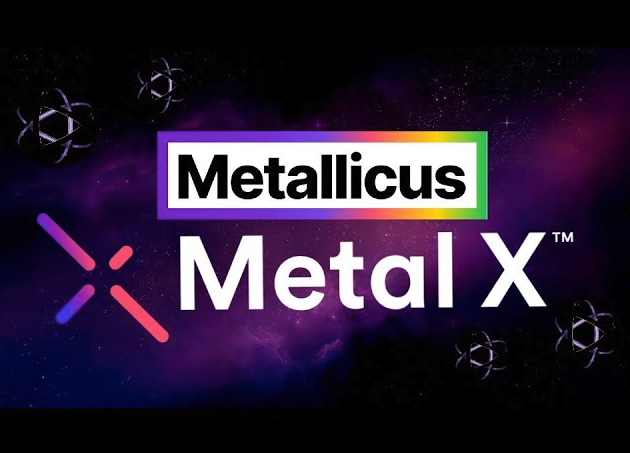 The image features a purple background with white text, which reads "Metallica X" followed by an exclamation mark. The text is surrounded by small circles representing stars, creating a sense of depth and space. The overall design suggests that this logo could be associated with a company or product related to the gaming industry, as it uses a combination of colors and shapes to convey its message effectively.