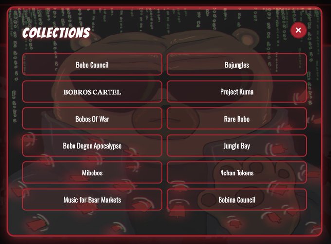 The image shows a computer screen displaying a list of various music, bear markets, jungle games, and other categories for the $BOBO community's collections. The screen also has a red button that says "Collections" at the top. There are several posts on this page, including one about Bobo sticker packs and another about music for bears markets.