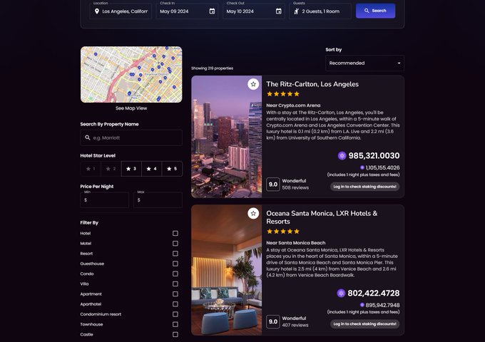 A hotel booking interface displays search results for Los Angeles, featuring listings for "The Ritz-Carlton, Los Angeles" priced at $1,051,155.4028 (985,321.0030 in crypto) and "Oceana Santa Monica, LXR Hotels & Resorts" at $919,856.1760 (802,422.4738 in crypto), demonstrating real-world utility of cryptocurrency payments for travel bookings. The platform showcases how users can book hotels with prices listed in both USD and crypto, supporting the claim that crypto-enabled travel booking is a functional reality rather than a future concept.