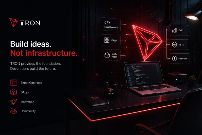 A dark-themed TRON blockchain promotional graphic with the tagline 'Build ideas. Not infrastructure.', highlighting features like Smart Contracts, DApps, Digital Assets, DeFi, NFTs, and Stablecoins next to a glowing red logo.