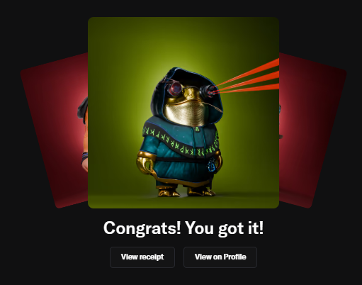 A digital reward screen showing a hooded frog character with red laser eyes and gold jewelry, with text 'Congrats! You got it!' and buttons to 'View receipt' and 'View on Profile'.