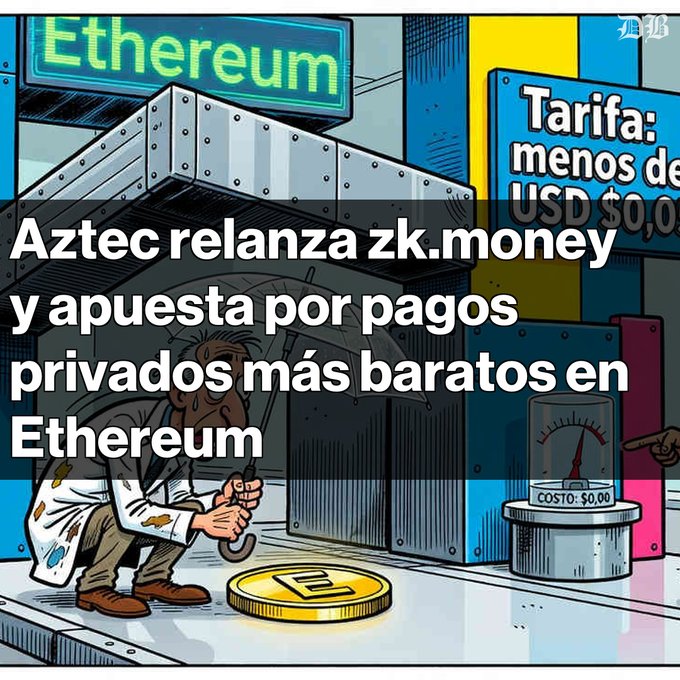A cartoon illustration showing a disheveled man in front of an Ethereum sign, with Spanish text reading 'Aztec relanza zk.money y apuesta por pagos privados más baratos en Ethereum' and a meter displaying 'COSTO: $0,00'.