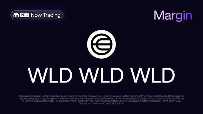 A Kraken Pro "Now Trading" announcement featuring the Margin category with "WLD WLD WLD" prominently displayed alongside the Worldcoin ($WLD) logo, promoting the newly available USD spot margin trading pair with applicable risk disclosures at the bottom.