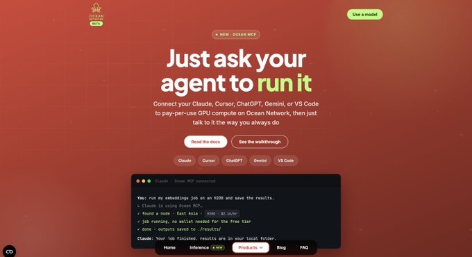 The Ocean MCP landing page with an orange background reading 'Just ask your agent to run it,' showing compatibility with Claude, Cursor, ChatGPT, Gemini, and VS Code, with a code snippet demonstrating an MCP-connected Claude session.