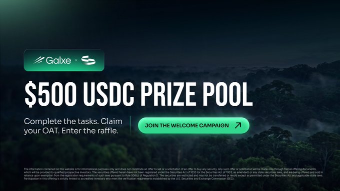 A promotional banner for a Galxe Welcome Campaign announces a "$500 USDC PRIZE POOL" inviting participants to "Complete the tasks. Claim your OAT. Enter the raffle" via a "JOIN THE WELCOME CAMPAIGN" button, visually aligning with the post announcing SlothCoin's (SLOC) launch on Galxe with a $500 USDC giveaway.